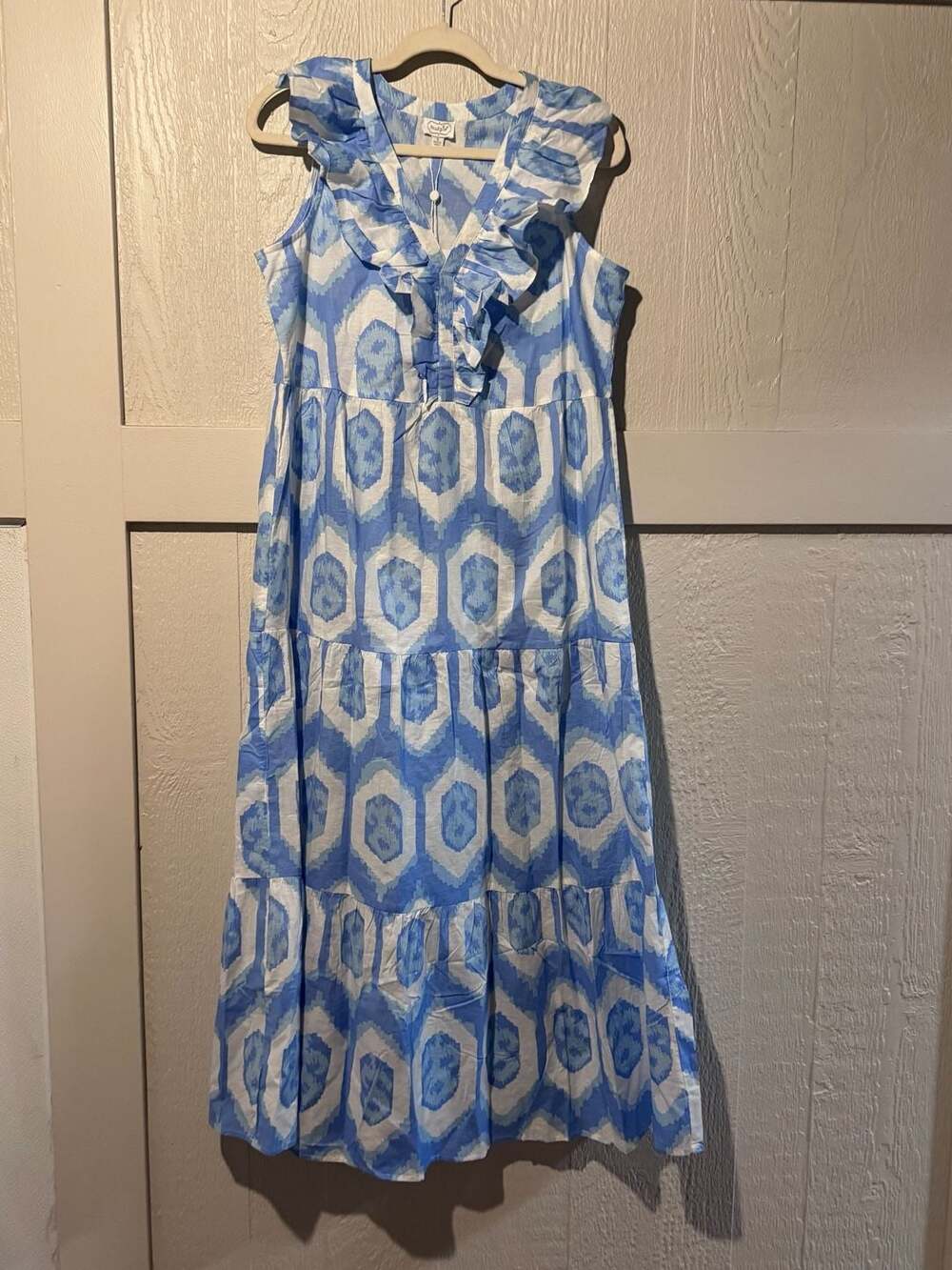 Mud Pie Women's Tanya Blue Odisha Ikat Tiered Ruffle V-Neck Maxi Dress